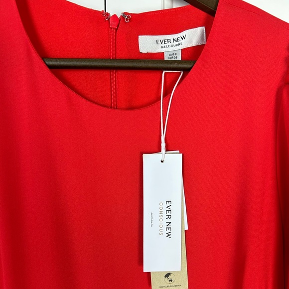 EVERNEW - Charlotte Red Puff Sleeve Pleated Midi Dress - Picture 7 of 14